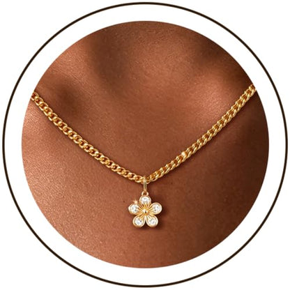 IMBOS 14K Gold Plated Chunky Chain Choker Necklaces for Women Chunky Gold Necklace Tennis Necklace for Women CZ Love Chain Cuban Link Choker Jewelry Gifts - color: Gold-Flower