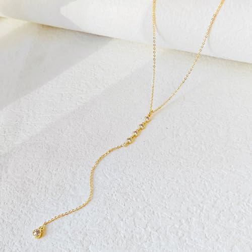 HERIER Lariat Gold Necklace for Women, Dainty Long Necklace 14k Gold Plated/Silver Y-Shaped Layered Beaded Chain Drop Necklaces for Women Trendy Simple Gold Jewelry for Women Gifts - color: Y CZ Lariat Necklace-Gold