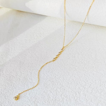 HERIER Lariat Gold Necklace for Women, Dainty Long Necklace 14k Gold Plated/Silver Y-Shaped Layered Beaded Chain Drop Necklaces for Women Trendy Simple Gold Jewelry for Women Gifts - color: Y CZ Lariat Necklace-Gold