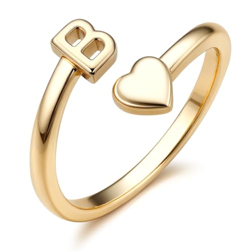 FUNRUN JEWELRY Gold Initial Ring for Women Non Tarnish 14K Gold Plated | Adjustable Letter Rings A-Z Dainty Heart Alphabet Stackable Band Rings Trendy Capital Letter Pinky Knuckle Thumb Ring - style: B Initial Ring