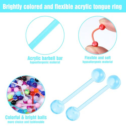 48Pcs Tongue Piercing Jewelry 14G Glow in Dark Acrylic Straight Tongue Rings Flexible Tongues Barbell Candy Color Tongues Rings for Women Men