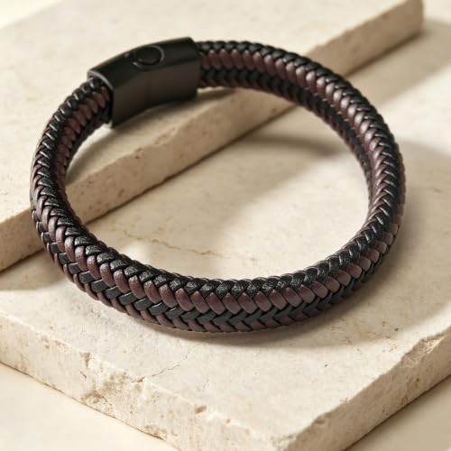 Italian Handmade Leather Bracelets for Men - color: Brown Braided, size: 8.2"