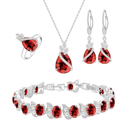 GZWHD Jewelry Set for Women CZ Earrings Necklace Ring Bracelet Set Prom Party Wedding Jewelry Gift for Mother Friend Wife - color: A-Garnet