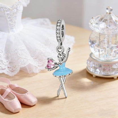 S925 Sterling Silver Cute Bead Charm for Pandora Bracelets and Necklaces | Lucky Clover Cute Animal Pink Bow Cherry Butterfly Pendant Bead Charms Jewelry Making Gifts for Women Valentines Mother's Day - style: Ballet Dancer Love