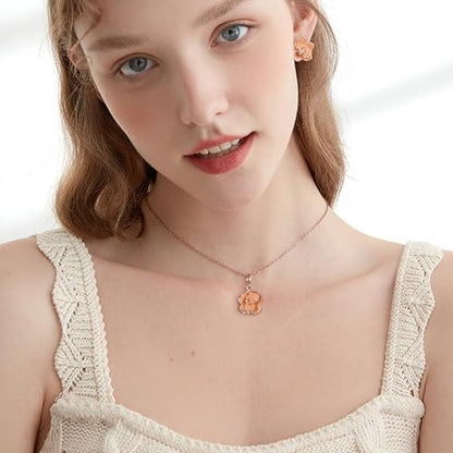 EleQueen Rose Flower Necklace Earrings Bracelet Set for Women - color: Orange-Rose Gold-Tone