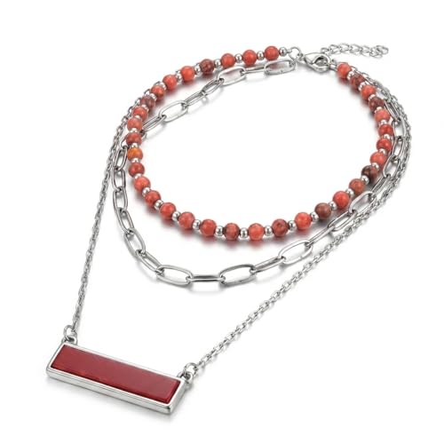 Layered Stone Necklace, Triple Strand Beaded Choker with Paperclip Chain, Boho Western Fashion Jewelry - color: Coral