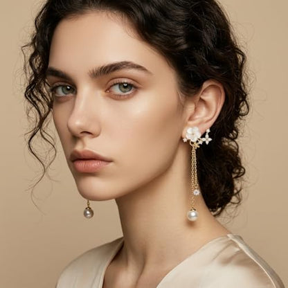 14K Gold Plated CZ Flower Dangle Earrings for Women, Sparkly Cubic Zirconia Long Tassel Drop Earrings, Bridal Wedding Jewelry - color: A:Flower Pearl Earrings