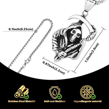 Stainless Steel Gothic Y2K Punk Rock Emo Biker Pendant Necklace | Cosplay Vintage Viking Alt Edgy Fashion Charm Necklace Jewelry for Men Women Active Daily Wear - style: Death Scythe Skull