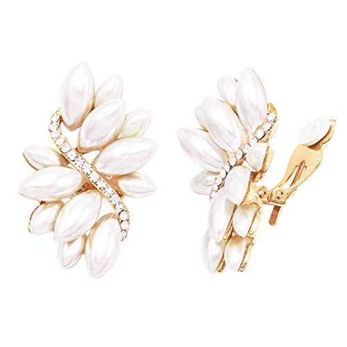 Rosemarie Collections Women's Dazzling Crystal Marquis Leaf Cluster Statement Clip On Earrings, 1.87" - style: Cream Faux Pearl Gold Tone