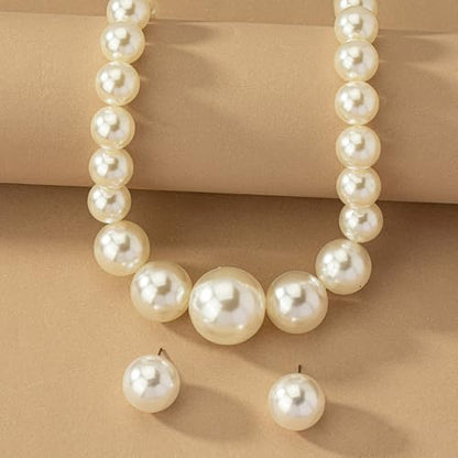 Large Beaded Pearl Necklaces Earrings Set for Women Fashion Prom Party Round Balls Bead Pearls Jewelry Set White Big Chunky Necklace Ball Earring Gift