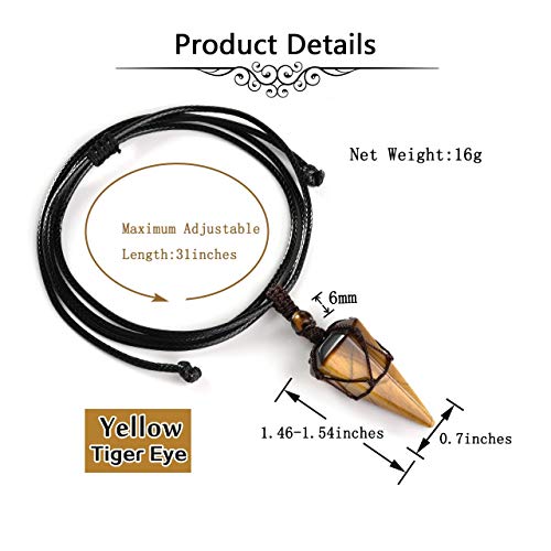 Top Plaza Mens Necklace, Crystal Gemstone Protection Pendant Necklace | Healing Crystals Necklace for Men Adjustable 6 Facet Pointed Necklace Energy Natural Quartz Protect Jewelry Gifts - color: Yellow - Tiger Eye Stone
