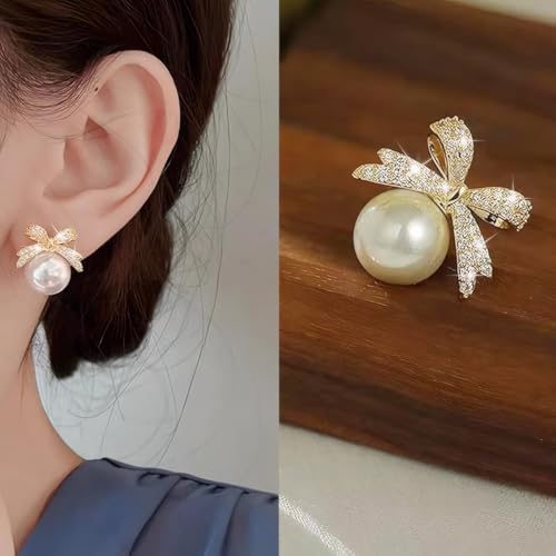 Gold Bow Earrings for Women, Long Tassel Chain Drop Earrings, Trendy Small Bow Earrings, Ribbon Waterfall Dangling Earrings, Pearl Bow Earrings, Sparkly Elegant Bowknot Preppy Jewelry Gifts for Women - color: Gold Bow-J