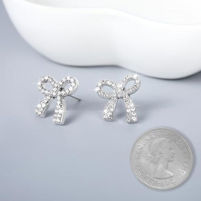Gold Bow Earrings for Women, Long Tassel Chain Drop Earrings, Trendy Small Bow Earrings, Ribbon Waterfall Dangling Earrings, Pearl Bow Earrings, Sparkly Elegant Bowknot Preppy Jewelry Gifts for Women - color: Bow Silver-I