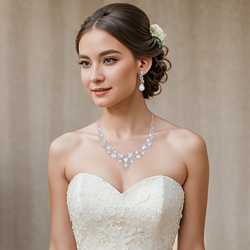 Women's Wedding Statement Necklace Dangle Earring Jewelry | Austrian Crystal Teardrop Cluster,Necklaces Earrings Set for Bride Bridesmaid,Prom Accessories - color: 01-Clear Silver-Tone