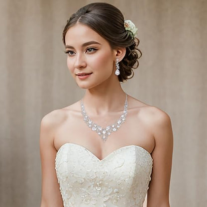 Women's Wedding Statement Necklace Dangle Earring Jewelry | Austrian Crystal Teardrop Cluster,Necklaces Earrings Set for Bride Bridesmaid,Prom Accessories - color: 01-Clear Silver-Tone