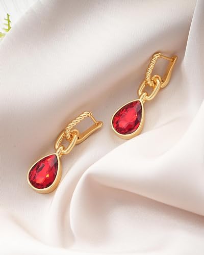 Crystals Teardrop Dangle Drop Earrings, 18K Gold Plated Hoop Earrings Zirconia Jewelry for Women Gifts - color: Red-Long