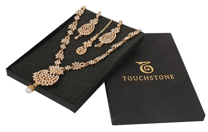 Touchstone Indian jewelry sets for women maang tikka wedding guest gold necklace bollywood jewellery set pageant elegant prom bride accessories western crystal chunky rhinestone necklaces - color: Pearl in gold plating pearl drop