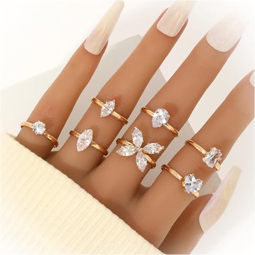 7 Pieces Women's Gold/Silver Knuckle Rings, Stackable Rhinestone Middle Finger Ring Set, Vintage Bohemian Style Jewelry Gift, Perfect for Party, Wedding, Daily Wear - color: Golden