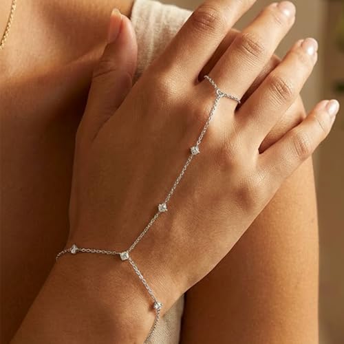 Mchic Hand Chain Tennis Bracelets for Women Trendy: Dainty Diamond Beaded Bracelet 14K Gold Plated/Silver Finger Ring Bracelet Hand Chain Jewelry Adjustable Sparkly Prom Bracelets - color: small CZ hand chain silver