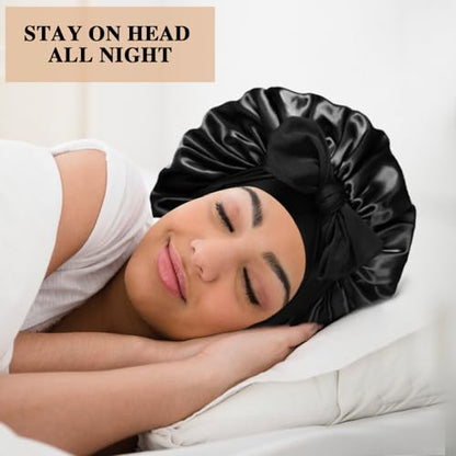 2+3 Large Satin Bonnets with Scrunchies for Women, Hair Bonnet Sleeping Tie Bonnet for Braids Curly Hair - color: B - Black, Teal
