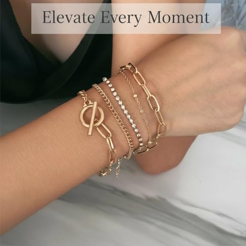 14K Gold Plated Layered Bracelet Set for Women, Boho Stackable Crystal Link Chain Bangles, Stacked Gold Bracelets Elegant Jewelry Gift for Wedding, Anniversary, Birthday