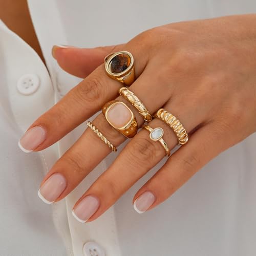 Rrdaily 14K Gold Plated Stackable Knuckle Rings Set for Women Trendy Chunky Simulation Gemstone Signet Rings Dainty Midi Finger Rings Pack Aesthetic Statement Jewelry for Bridesmaid Wedding Gifts - style: 6 Pcs Gold