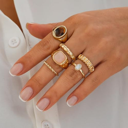 Rrdaily 14K Gold Plated Stackable Knuckle Rings Set for Women Trendy Chunky Simulation Gemstone Signet Rings Dainty Midi Finger Rings Pack Aesthetic Statement Jewelry for Bridesmaid Wedding Gifts - style: 6 Pcs Gold