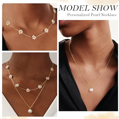 Ritach Pearl Necklaces for Women - Real Gold Plated Dainty Pearl Necklace Daisy Round Drop Pearl Choker Necklace Layered Gold Necklace for Women Teen Girls Bridesmaid Wedding Birthday Gifts - style: Gold-Layered Daisy Pearl