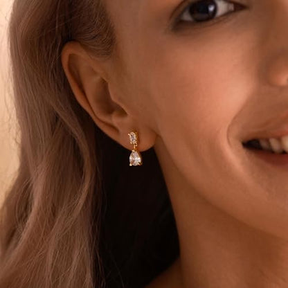 Dangle Drop Earrings for Women Wedding Bridal Rhinestone Long Cubic Zircon Dangling Crystal Chandelier Sparkly 14K Gold Plated Dainty Trendy Jewelry Gifts - color: Gold-2CZ Drop
