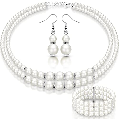Junkin 3 Pcs Fake Pearls Layered Necklace Earrings Bracelet Set for Women 1920s Simulated Faux Pearls Accessories Vintage Jewelry for Valentine Wedding Costume(Cute Style)