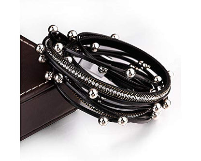 Fesciory Leather Wrap Bracelets for Women, Boho Western Layered Jewelry | Layered leather cuff bracelets, Easy on and off, Boho western style, Daily wear, Gift for women - color: Black 2