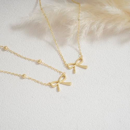 Thaivor Necklace for Women Dainty Bow Necklace 14K Gold Plated Cute Choker Small Pendant Charm Necklaces Teen Gift Trendy Stuff Personalized Jewelry Gifts - color: Gold-Bead-6