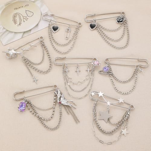 2 Pcs Chain Tassel Brooch Pins Set for Women Rhinestone Heart Flower Star Long Chain Bling Crystal Pearl Sweater Shawl Clips Punk Collar Chain Brooch Costume Jewelry - style: Style C