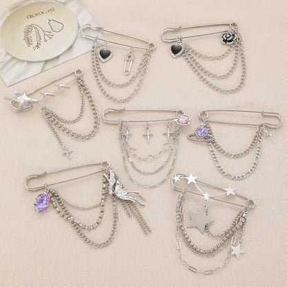 2 Pcs Chain Tassel Brooch Pins Set for Women Rhinestone Heart Flower Star Long Chain Bling Crystal Pearl Sweater Shawl Clips Punk Collar Chain Brooch Costume Jewelry - style: Style C