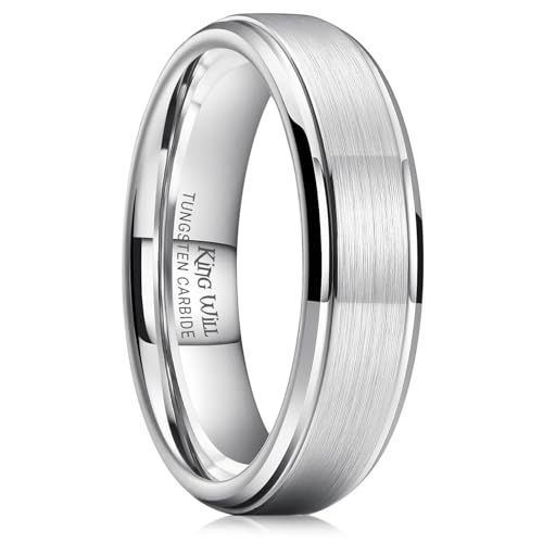 King Will Classic Tungsten Wedding Band for Men, 6/7/8/9/10mm Widths, Polished Finish Step Edge Matte Rings Comfort Fit - color: A-silver 6mm