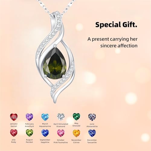 Birthstone Necklace for Women S925 Sterling Silver Teardrop | With Cubic Zirconia and Gemstones - Ideal Birthday Jewelry Gift for Her, Girlfriend, Wife, Mom on Birthday, Anniversary - color: 08 - Peridot