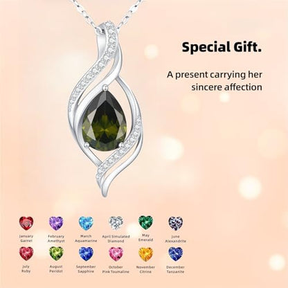 Birthstone Necklace for Women S925 Sterling Silver Teardrop | With Cubic Zirconia and Gemstones - Ideal Birthday Jewelry Gift for Her, Girlfriend, Wife, Mom on Birthday, Anniversary - color: 08 - Peridot