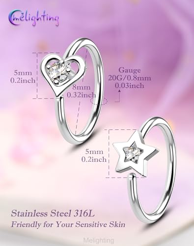 Melighting 20G Seamless Open Nose Rings Set, Star &Heart Nose Ring Hoop Clear CZ, 316L Stainless Steel Jewelry Set for Nostril Septum Cartilage Helix Piercing 8 mm - style: Style2