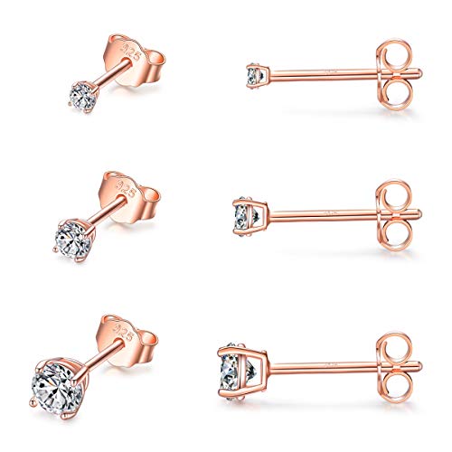 EPIRORA Sterling Silver Stud Earrings for Women- 3 Pairs Tiny Ball Stud Earrings Round CZ Cubic Zirconia Earrings Pearl Earrings Set Cartilage Small Tragus Earrings(2mm,3mm,4mm) - style: CZ earrings(2mm,3mm,4mm)-Rose gold