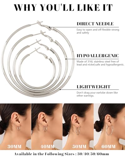 JEMARA Gold Hoop Earrings for Women Hypoallergenic Stainless Steel Large Thin Gold Hoop Earrings Lightweight Big Hoops Aretes de Acero Inoxidable para Mujer 30/40/50/60MM - color: Silver-50mm