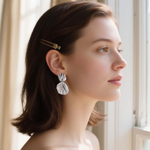 Large Geometric Drop Dangle Earrings for Women Pearl Teardrop Disc Rectangle Oval Fishtail Shell Shaped Textured Dangle Studs Earrings for Women - color: Silver-Shell A