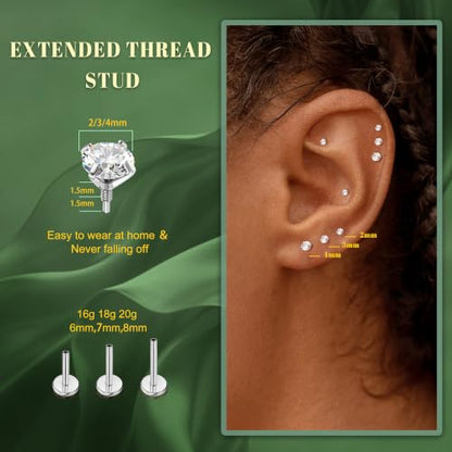 G23 Implant Grade Titanium Flat Back Earrings 16G/18G/20G | 3 Pairs Astm F136 Hypoallergenic Flatback Earrings Internally Threaded Studs for Nose, Helix, Tragus, Conch, Labret Piercing - color: Silver, size: 18G(1.0MM) Bar-6/7/8mm & CZ-2/3/4mm