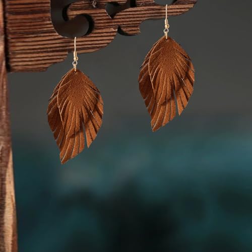 Handmade Bohemian Large Soft Genuine Leather Fringe Double Feather Dangle Drop Earrings Lightweight Simple Color PU Leaf Hook Earrings for Women - color: Brown