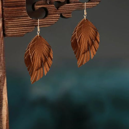 Handmade Bohemian Large Soft Genuine Leather Fringe Double Feather Dangle Drop Earrings Lightweight Simple Color PU Leaf Hook Earrings for Women - color: Brown
