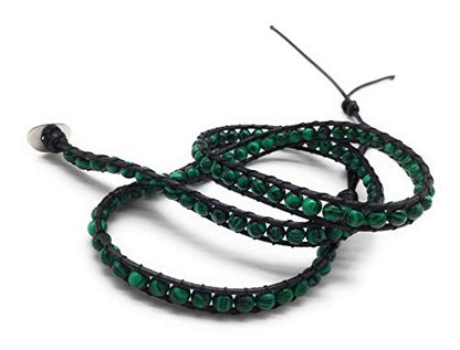 Handmade Alloy Leather Natural Stone Bead Statement Bracelet Bangle Cuff Rope 3 Wrap Adjustable Jewelry Collection - color: Synthetic Malachite & Black Leather Cord