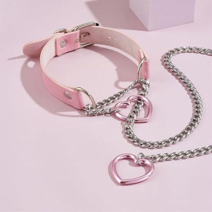 Leather Choker Slip Chain Necklace Stainless Steel Cuban Link Long Necklaces Gothic Punk Heart Chain Necklace Handmade Collars for Women - color: Pink+Silver