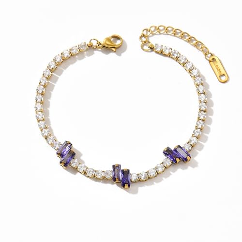18K Gold Plated Cubic Zirconia Tennis Bracelet for Women Sparkling Stackable Stainless Steel Jewelry Hypoallergenic Tarnish Resistant Bridal Gift - color: Purple Baguette CZ-Gold