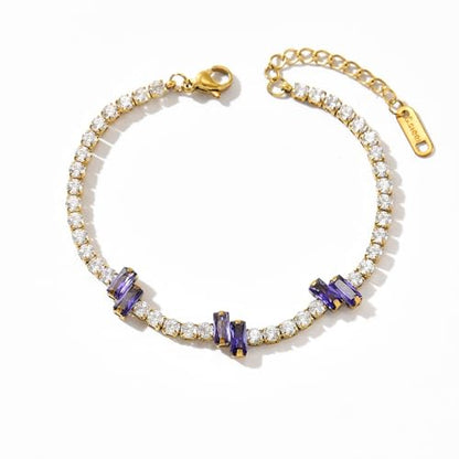 18K Gold Plated Cubic Zirconia Tennis Bracelet for Women Sparkling Stackable Stainless Steel Jewelry Hypoallergenic Tarnish Resistant Bridal Gift - color: Purple Baguette CZ-Gold