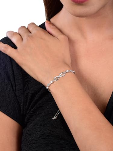 Nilu's Collection Infinity Shape Cubic Zirconia Diamond Bracelet for Women, Jewelry for Gift, Adjustable Charm Bracelet (Rose Gold Necklace + Bracelet) - color: Silver