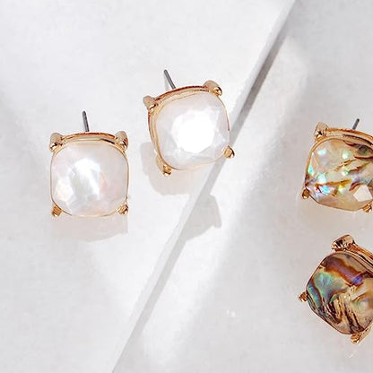 Large Square Stud Earrings for Women - Big Sparkly Rhinestone Studs | Plated in Gold Tone or Silver Tone, Hypoallergenic and Safe for Sensitive Ears - color: Mother of Pearl